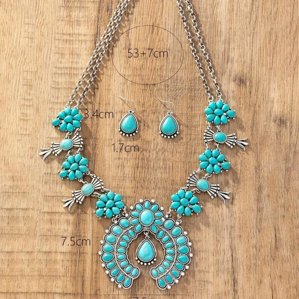 Blue Boho Women's faux Turquoise Pendant Necklace & Drop Earrings